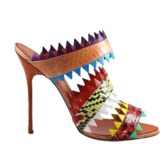 Manolo Blahnik Shoes - MANOLO BLAHNIK ~ Multicolor Leather and Snakeskin Mule Sandal w/Shark-Bite Trim